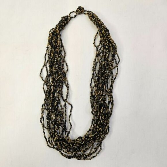 Necklace Multi Strand Seeded Beaded Pattern Golden Black Color Beads - Picture 4 of 7